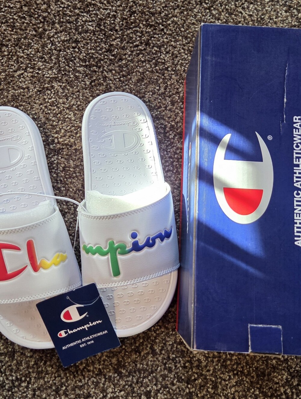 Champion White Rainbow Slide Women's Sandals Size 9 Super Slide Split Script